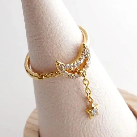 Anthropologie Embellished Crescent Moon Star Chain Ring - Picture 2 of 3